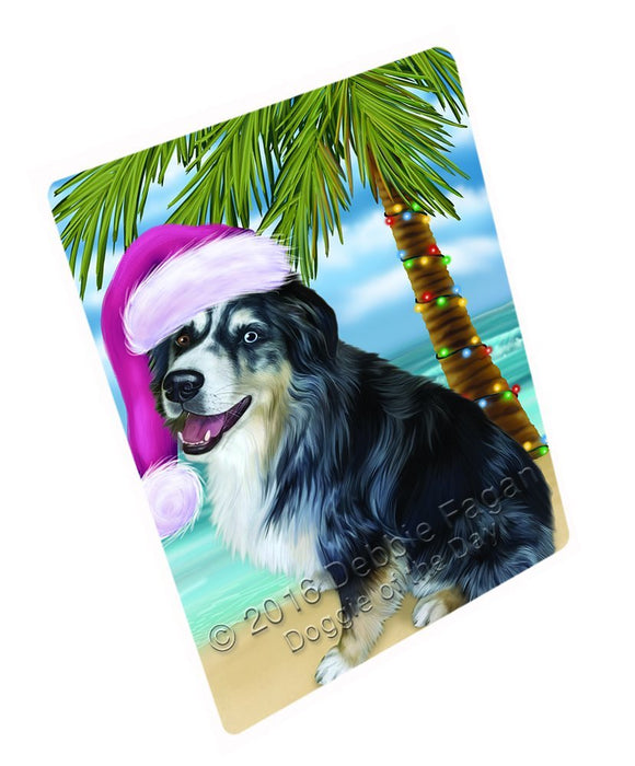 Summertime Happy Holidays Christmas Australian Shepherd Dog on Tropical Island Beach Tempered Cutting Board (Small)