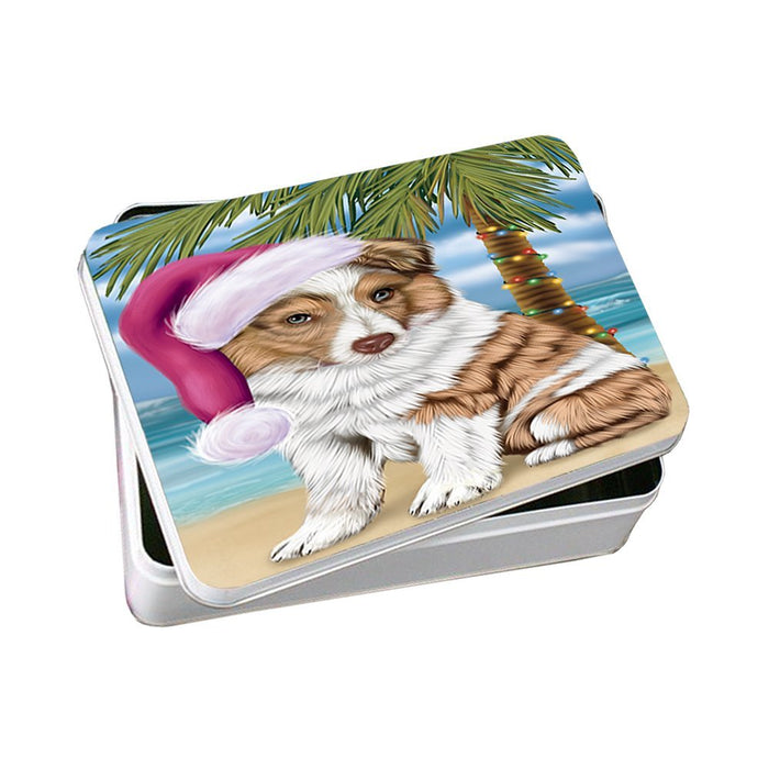 Summertime Happy Holidays Christmas Australian Shepherd Dog on Tropical Island Beach Photo Storage Tin