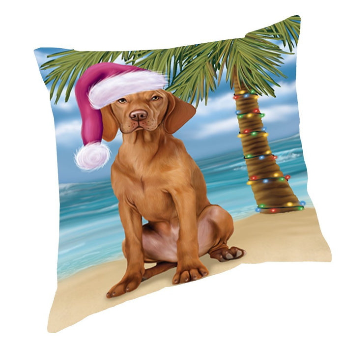 Summertime Happy Holidays Christmas Vizsla Dog on Tropical Island Beach Throw Pillow