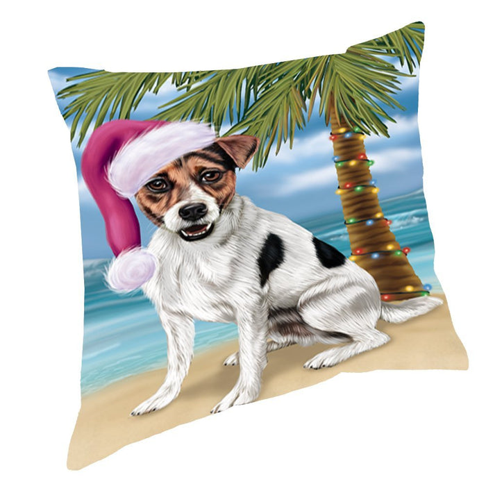 Summertime Happy Holidays Christmas Jack Russel Dog on Tropical Island Beach Throw Pillow