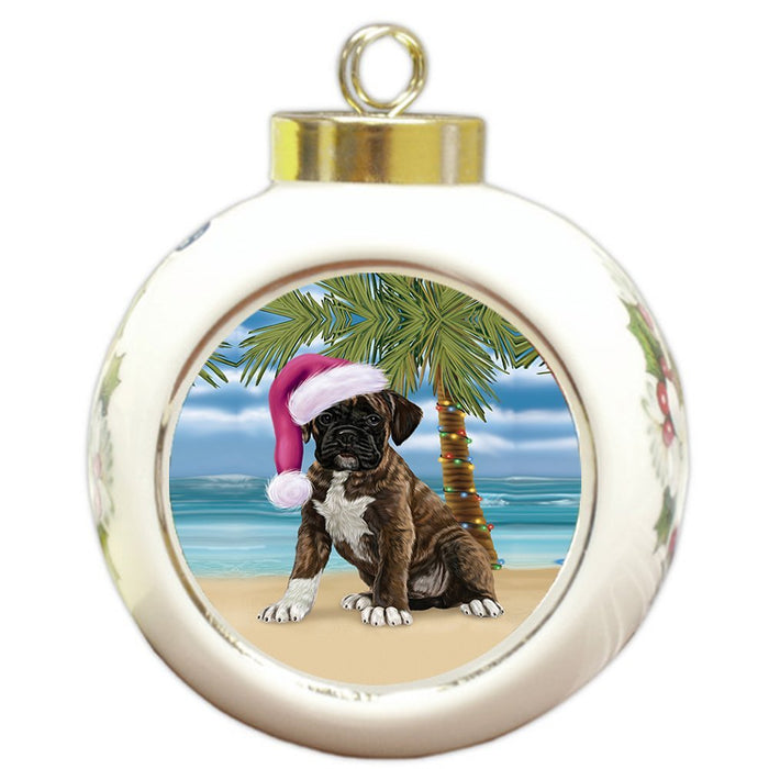 Summertime Happy Holidays Christmas Boxers Dog on Tropical Island Beach Round Ball Ornament