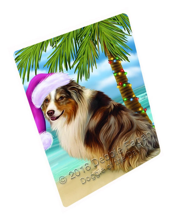 Summertime Happy Holidays Christmas Australian Shepherd Dog on Tropical Island Beach Tempered Cutting Board (Small)