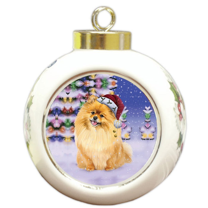 Winterland Wonderland Pomeranians Dog In Christmas Holiday Scenic Background Round Ball Ornament