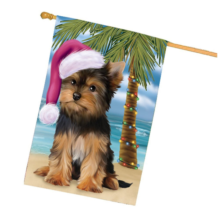 Summertime Happy Holidays Christmas Yorkshire Terriers Dog on Tropical Island Beach House Flag