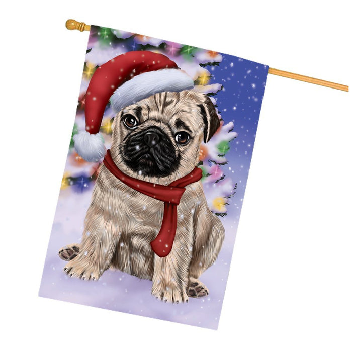 Winterland Wonderland Pug Dog In Christmas Holiday Scenic Background House Flag