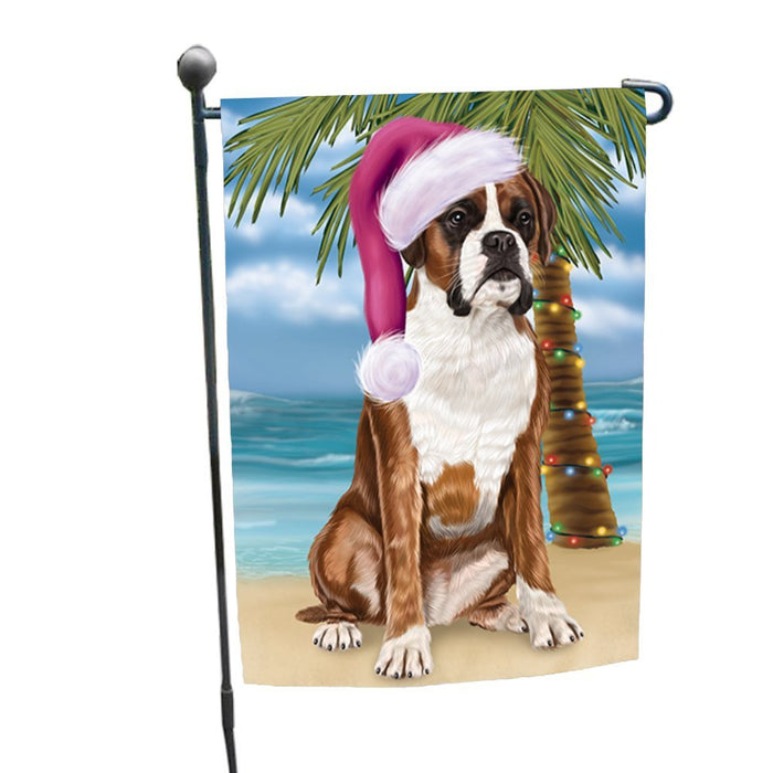 Summertime Happy Holidays Christmas Boxers Dog on Tropical Island Beach Garden Flag