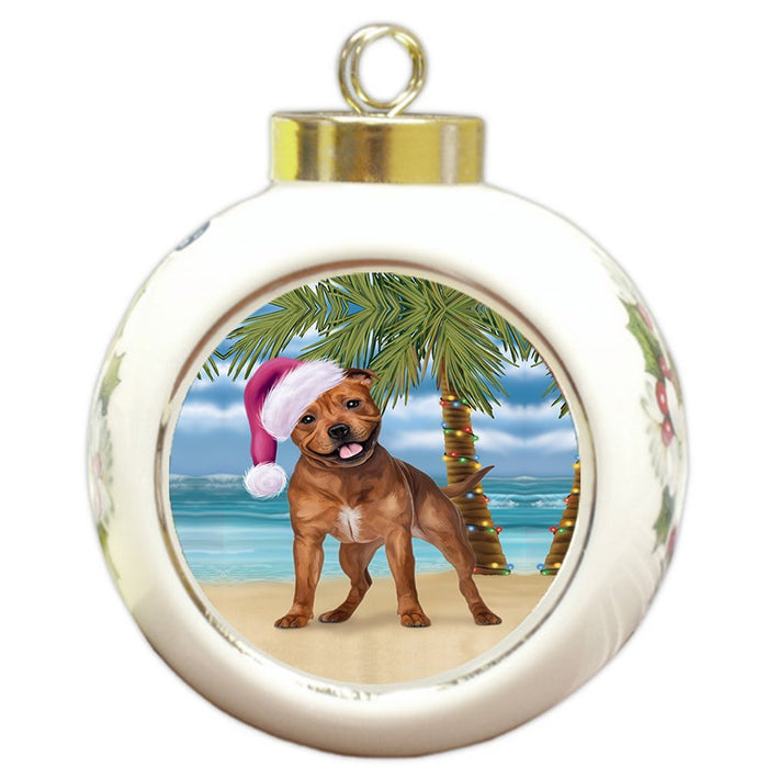 Summertime Pit Bull Dog on Beach Christmas Round Ball Ornament POR1178