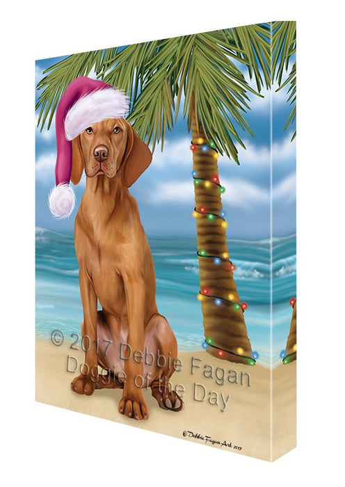 Summertime Happy Holidays Christmas Vizsla Dog on Tropical Island Beach Canvas Wall Art