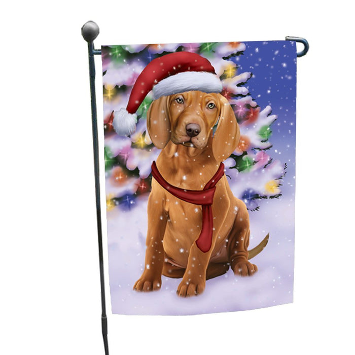 Winterland Wonderland Vizsla Puppy Dog In Christmas Holiday Scenic Background Garden Flag