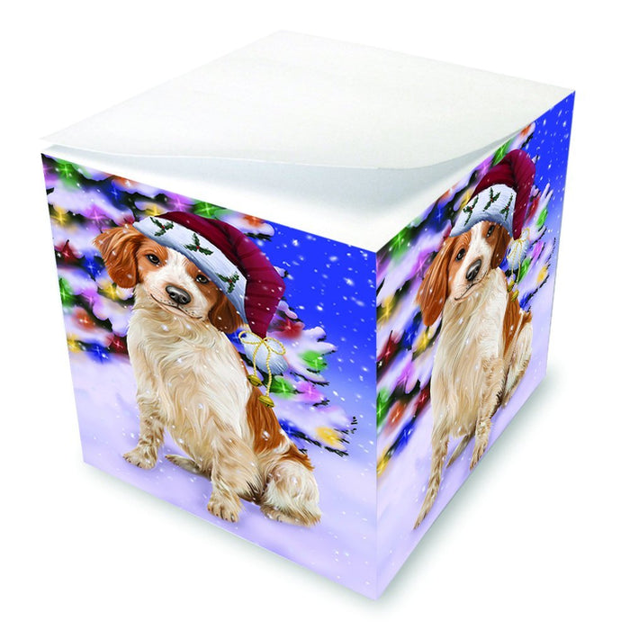 Winterland Wonderland Brittany Spaniel Dog In Christmas Holiday Scenic Background Note Cube