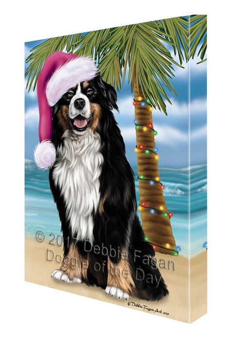 Summertime Happy Holidays Christmas Bernese Dog on Tropical Island Beach Canvas Wall Art