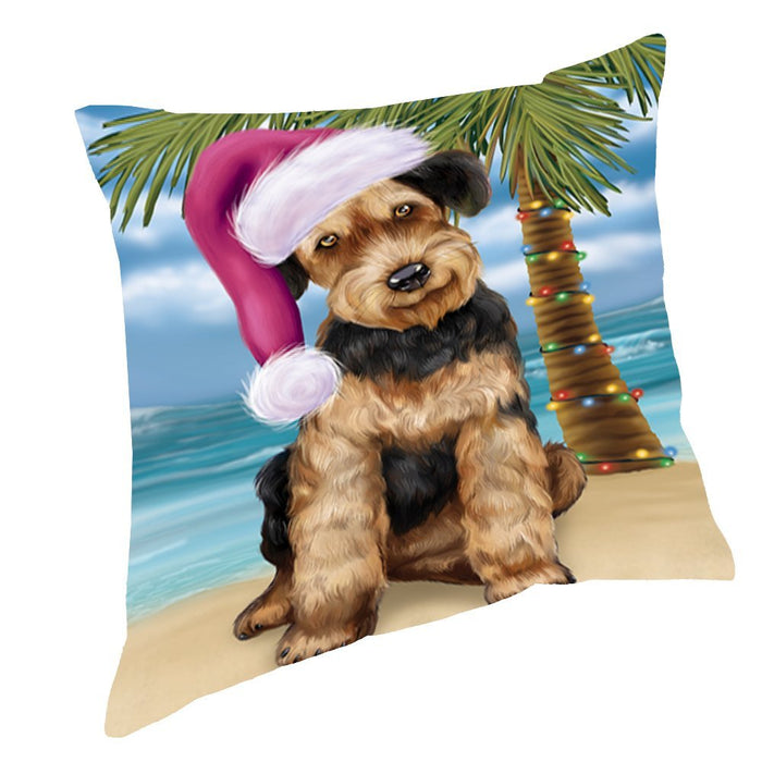 Summertime Happy Holidays Christmas Airedale Dog on Tropical Island Beach Throw Pillow