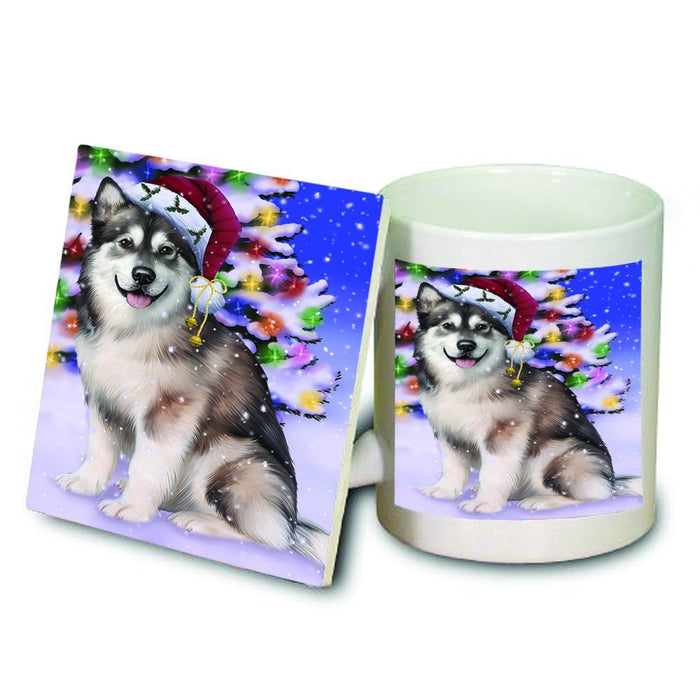 Winterland Wonderland Alaskan Malamute Dog In Christmas Holiday Scenic Background Mug and Coaster Set