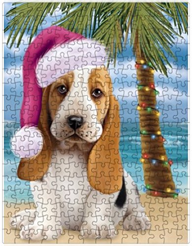 Summertime Happy Holidays Christmas Basset Hounds Dog on Tropical Island Beach Puzzle with Photo Tin