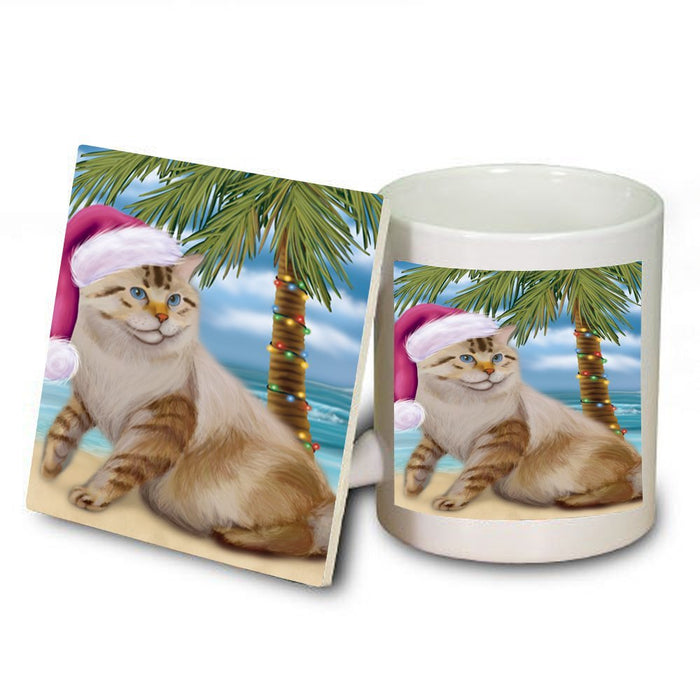 Summertime American Bobtail Cat on Beach Christmas Mug and Coaster Set MUC0720