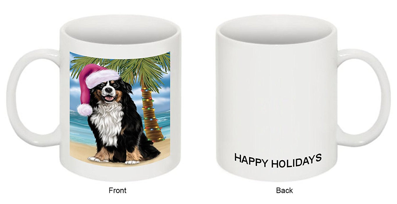 Summertime Happy Holidays Christmas Bernese Dog on Tropical Island Beach Mug