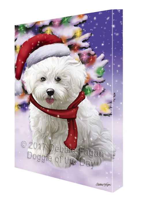 Winterland Wonderland Bichon Frise Puppy Dog In Christmas Holiday Scenic Background Painting Printed on Canvas Wall Art
