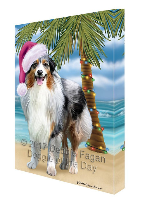 Summertime Happy Holidays Christmas Australian Shepherd Dog on Tropical Island Beach Canvas Wall Art D092