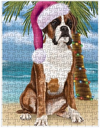 Summertime Happy Holidays Christmas Boxers Dog on Tropical Island Beach Puzzle with Photo Tin