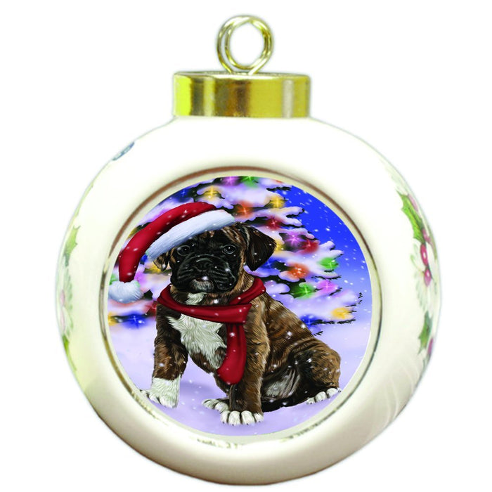 Winterland Wonderland Boxers Dog In Christmas Holiday Scenic Background Round Ball Ornament D558