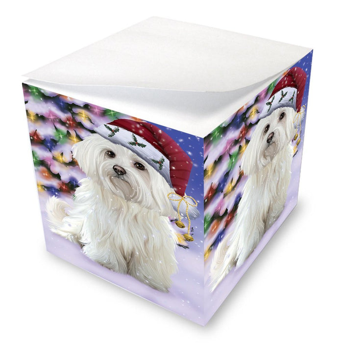 Winterland Wonderland Maltese Dog In Christmas Holiday Scenic Background Note Cube D595