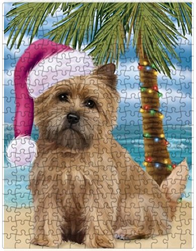 Summertime Happy Holidays Christmas Cairn Terrier Dog on Tropical Island Beach Puzzle with Photo Tin