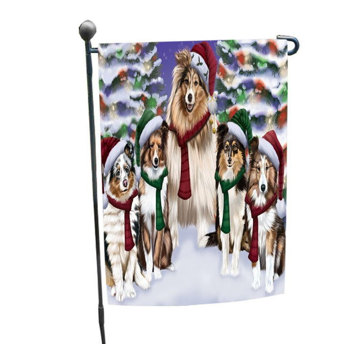 Shetland Dog Christmas Family Portrait in Holiday Scenic Background Garden Flag