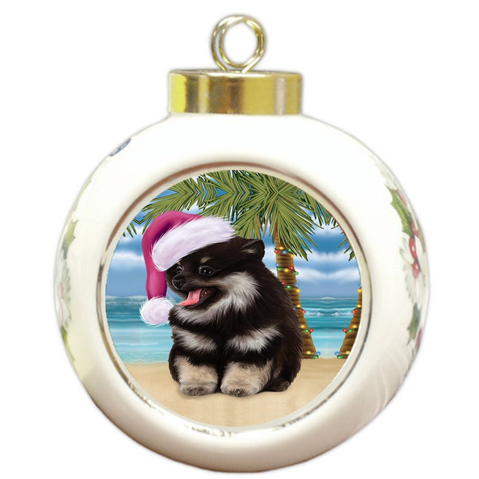 Summertime Pomeranian Spitz Dog on Beach Christmas Round Ball Ornament POR1186