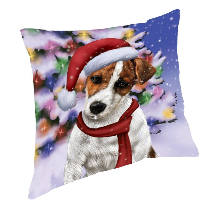 Winterland Wonderland Jack Russel Dog In Christmas Holiday Scenic Background Throw Pillow
