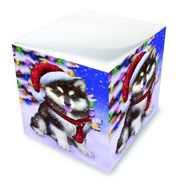 Winterland Wonderland Alaskan Malamute Dog In Christmas Holiday Scenic Background Note Cube D608