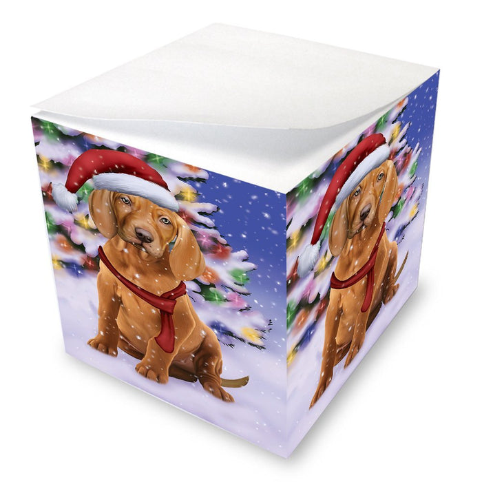 Winterland Wonderland Vizsla Puppy Dog In Christmas Holiday Scenic Background Note Cube D604