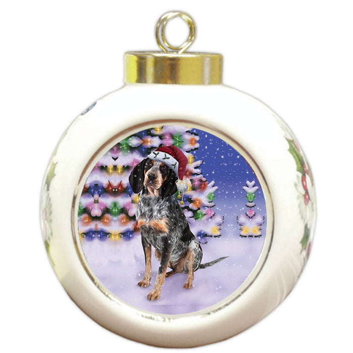 Winterland Wonderland Bluetick Coonhound Dog In Christmas Holiday Scenic Background Round Ball Ornament