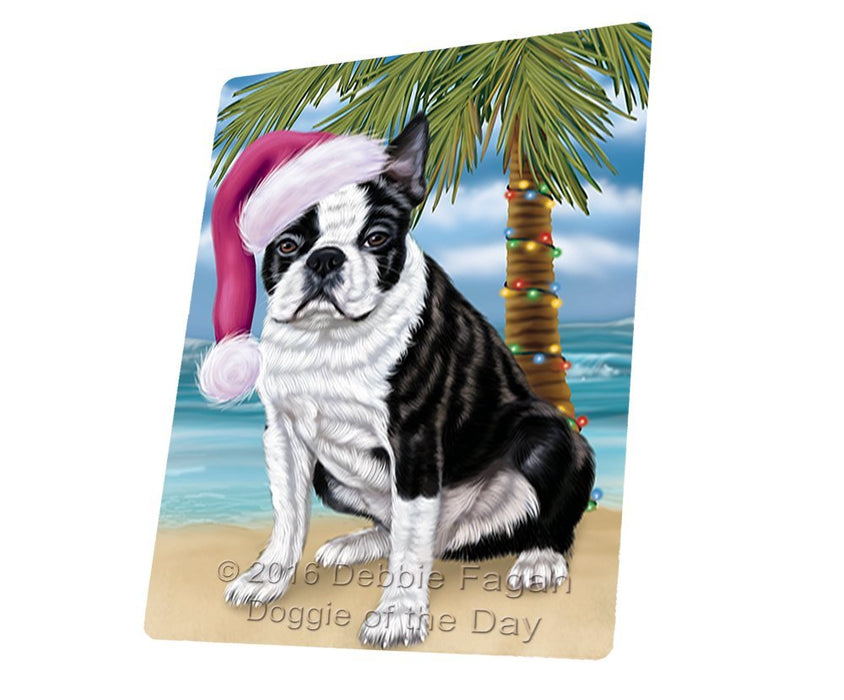 Summertime Happy Holidays Christmas Boston Terriers Dog on Tropical Island Beach Tempered Cutting Board