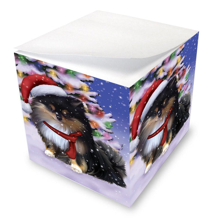 Winterland Wonderland Pomeranians Puppy Dog In Christmas Holiday Scenic Background Note Cube D598