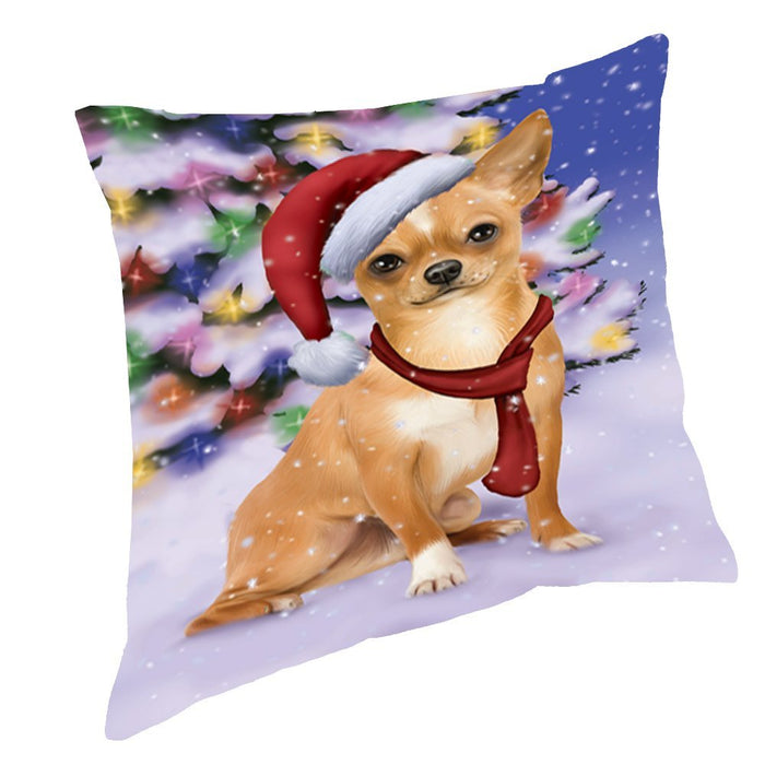 Winterland Wonderland Chihuahua Puppy Dog In Christmas Holiday Scenic Background Throw Pillow