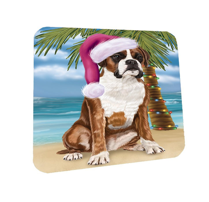 Summertime Happy Holidays Christmas Boxers Dog on Tropical Island Beach Coasters Set of 4