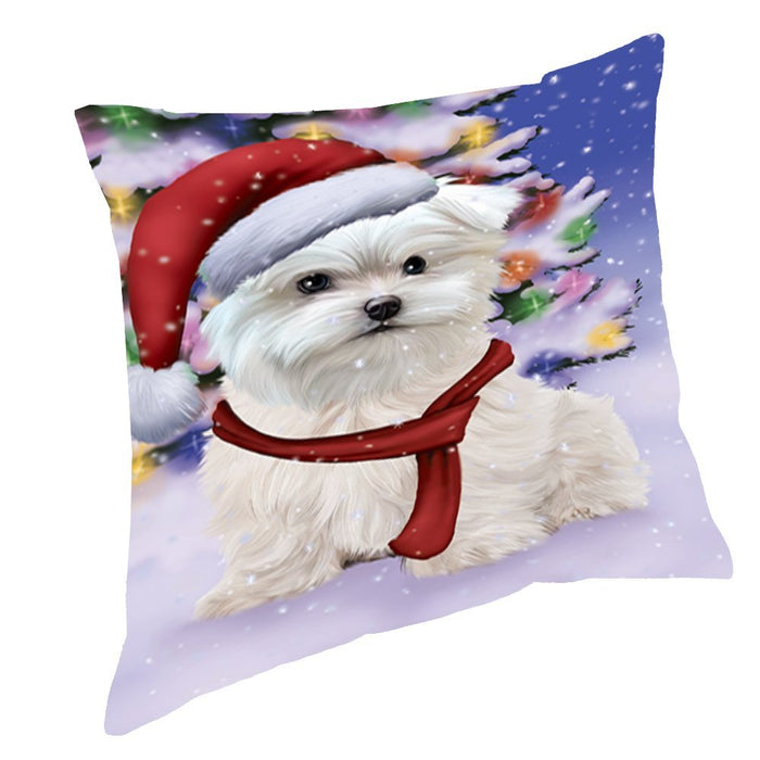 Winterland Wonderland Maltese Puppy Dog In Christmas Holiday Scenic Background Throw Pillow