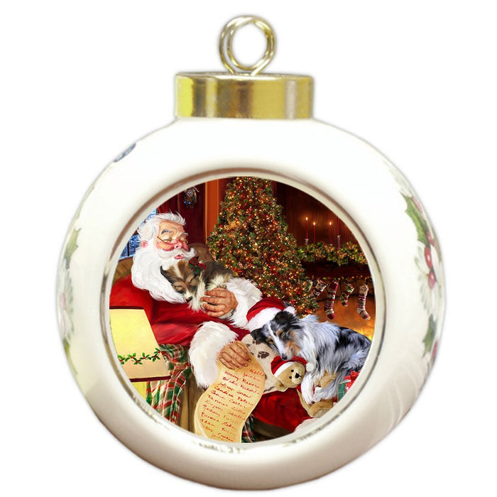 Sheltie Dog and Puppies Sleeping with Santa Round Ball Christmas Ornament D452