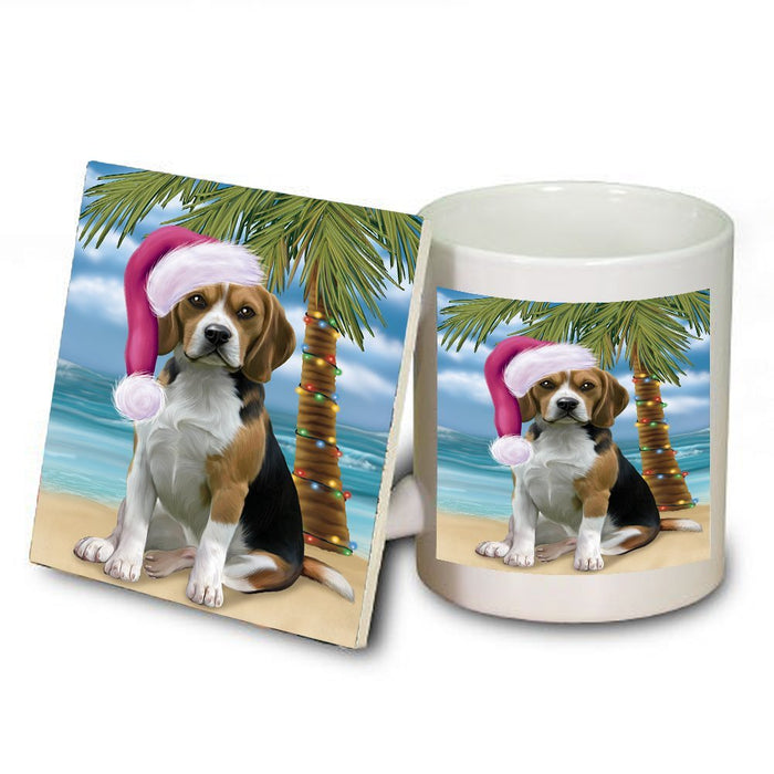 Summertime Happy Holidays Christmas Beagles Dog on Tropical Island Beach Mug and Coaster Set