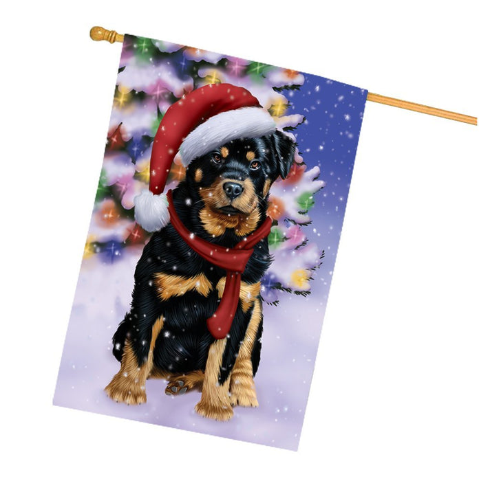 Winterland Wonderland Rottweiler Dog In Christmas Holiday Scenic Background House Flag