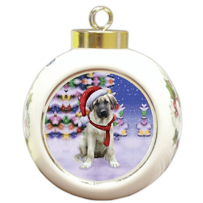 Winterland Wonderland Anatolian Shepherds Puppy Dog In Christmas Holiday Scenic Background Round Ball Ornament