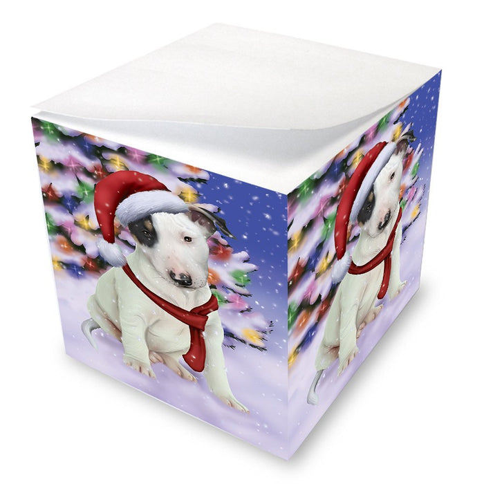 Winterland Wonderland Bull Terrier Puppy Dog In Christmas Holiday Scenic Background Note Cube D586