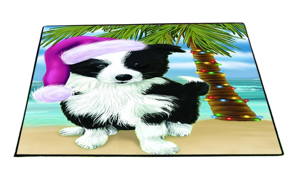 Summertime Happy Holidays Christmas Border Collie Dog on Tropical Island Beach Indoor/Outdoor Floormat
