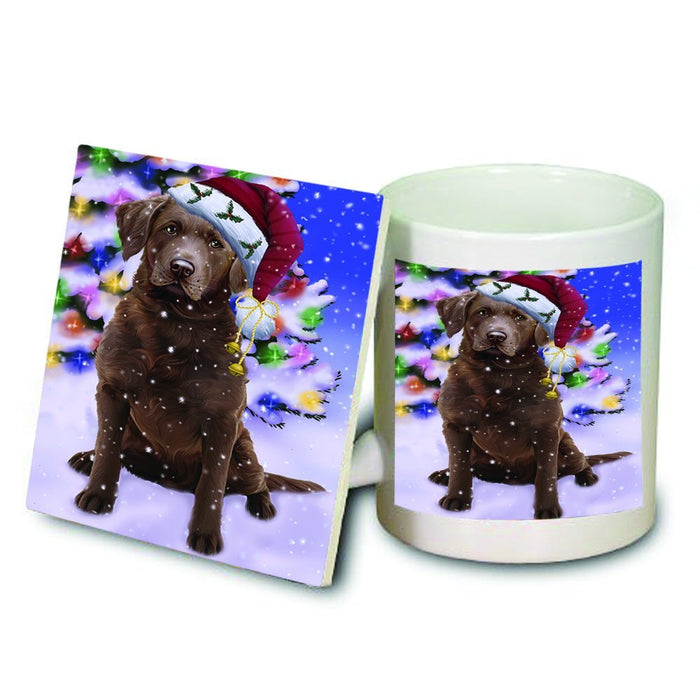 Winterland Wonderland Chesapeake Bay Retriever Dog In Christmas Holiday Scenic Background Mug and Coaster Set
