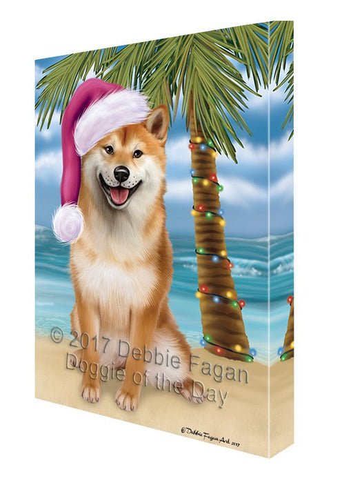 Summertime Happy Holidays Christmas Shiba Inu Dog on Tropical Island Beach Canvas Wall Art