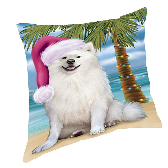 Summertime Christmas Happy Holidays American Eskimo Adult Dog on Beach Throw Pillow PIL1384