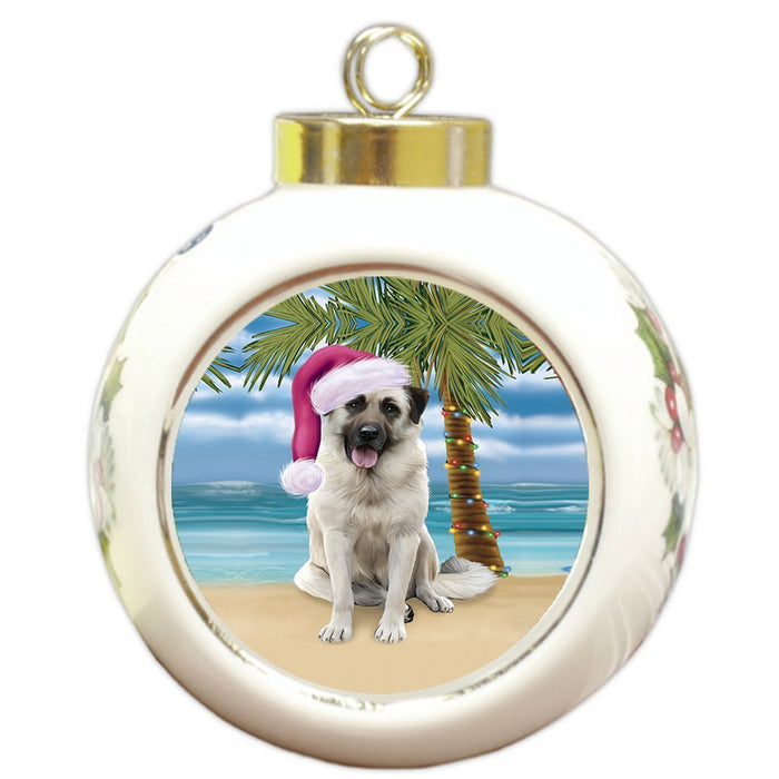 Summertime Happy Holidays Christmas Anatolian Shepherds Dog on Tropical Island Beach Round Ball Ornament