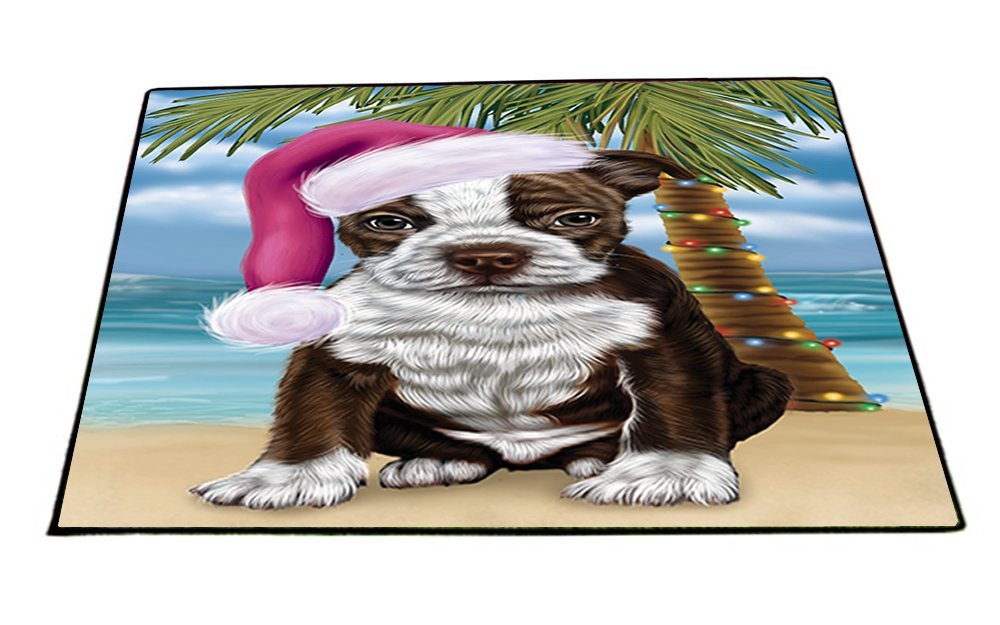 Summertime Happy Holidays Christmas Boston Terriers Dog on Tropical Island Beach Indoor/Outdoor Floormat