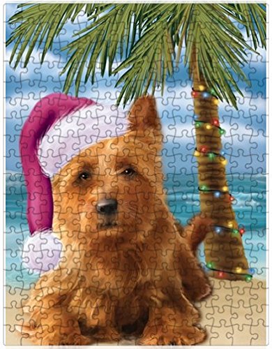 Summertime Happy Holidays Christmas Australian Terriers Dog on Tropical Island Beach Puzzle with Photo Tin