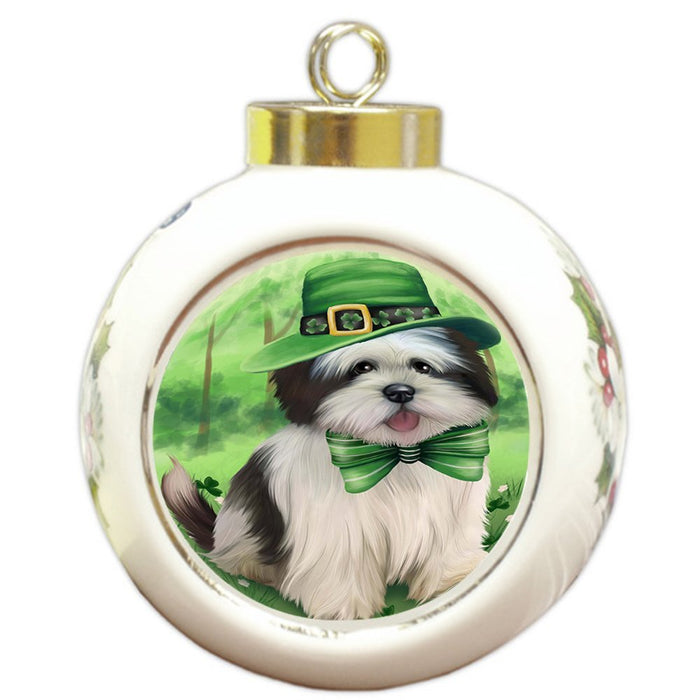 St. Patricks Day Irish Portrait Lhasa Apso Dog Round Ball Christmas Ornament RBPOR48832